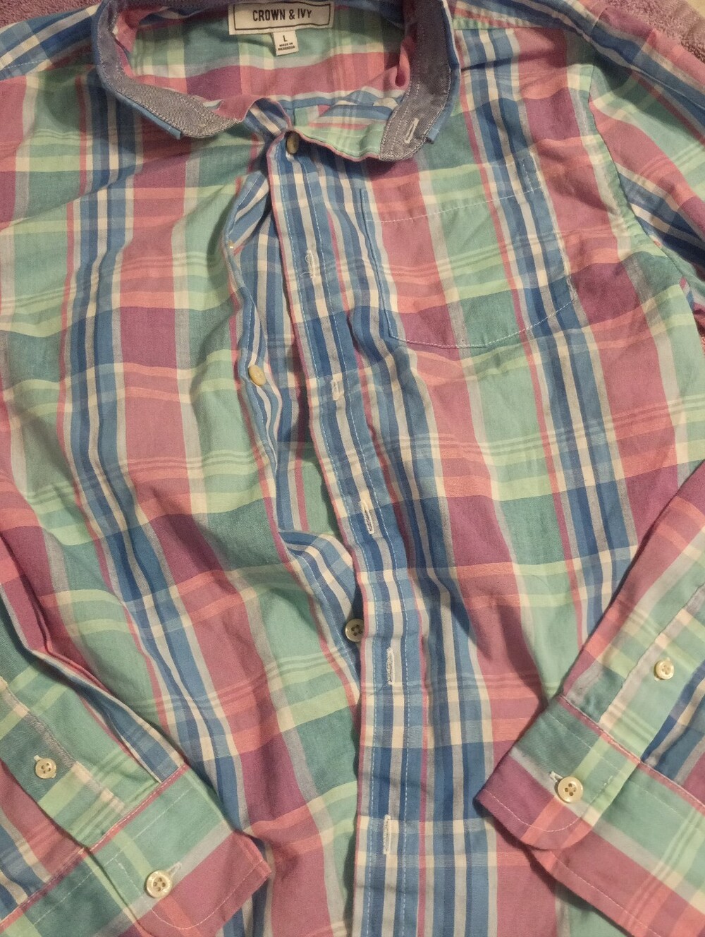 crown & ivy Pastel Plaid Button-Down Shirt in Pink, Blue & Green